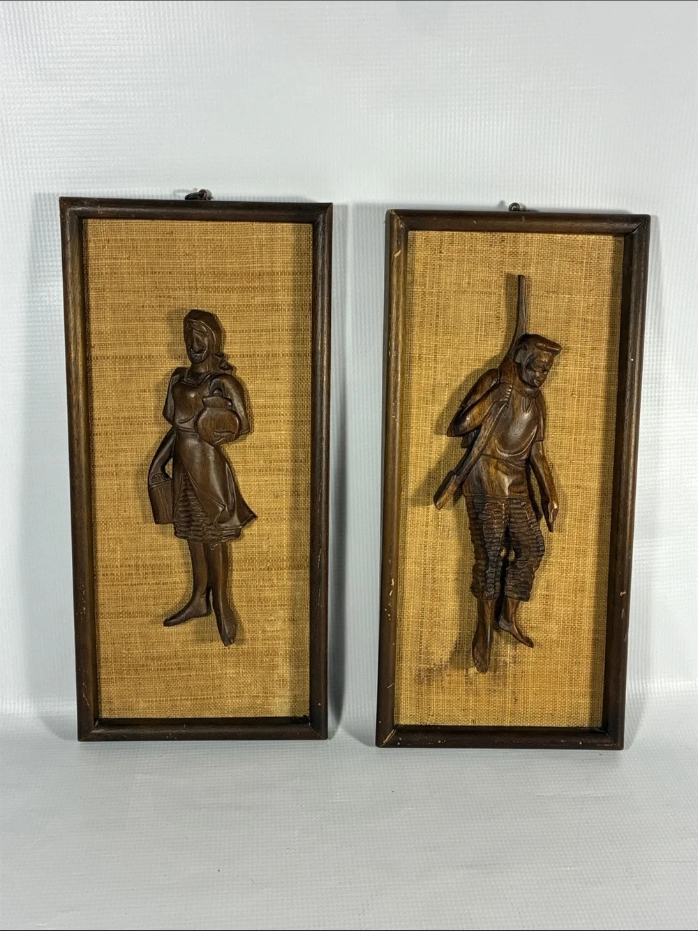 Mid Century Modern Hand Carved Wood & Burlap Wall Decor Set of 2 Vintage 1960s